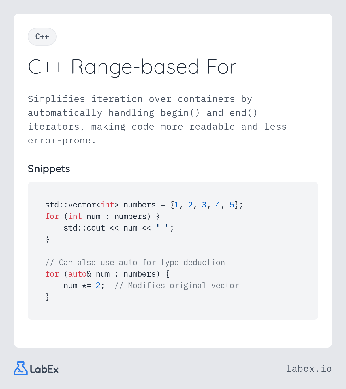 C++ Range-based For programming concept visualization