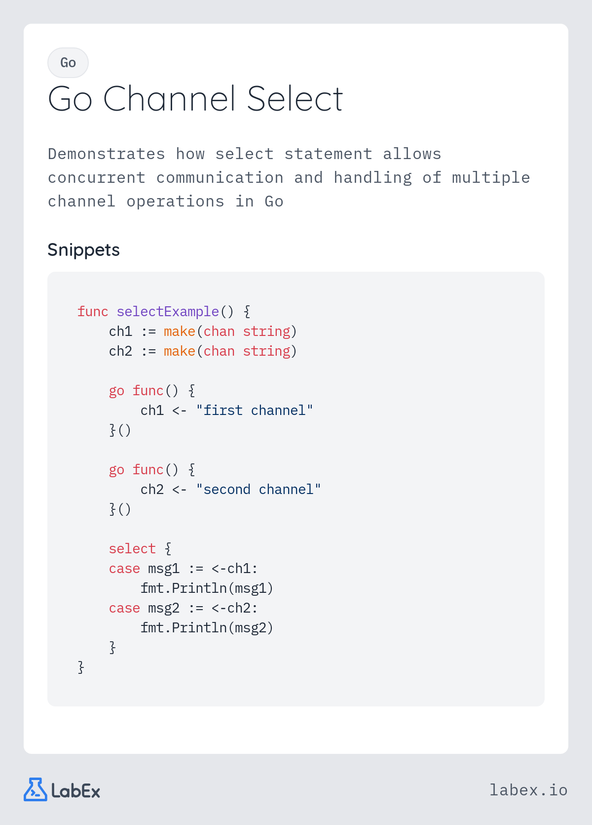 Go Channel Select programming concept visualization