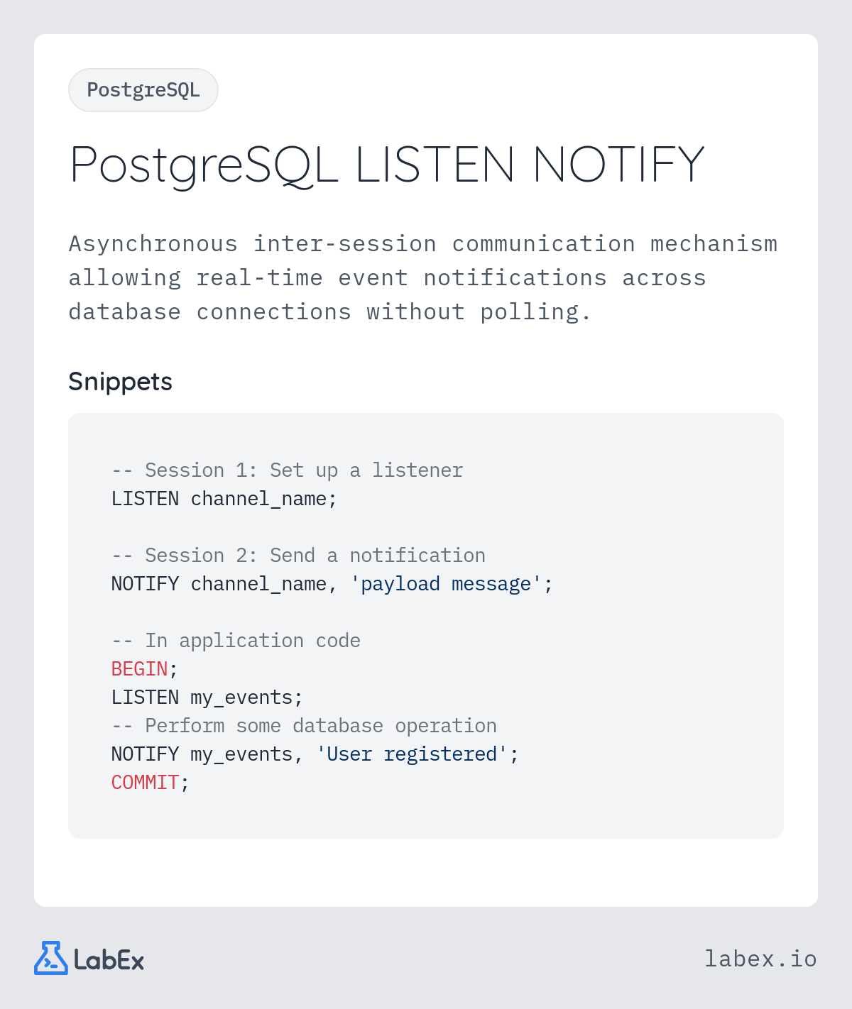 PostgreSQL LISTEN NOTIFY programming concept visualization